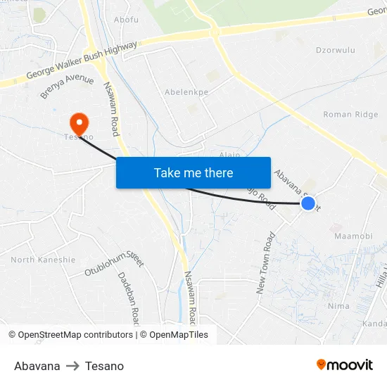 Abavana to Tesano map