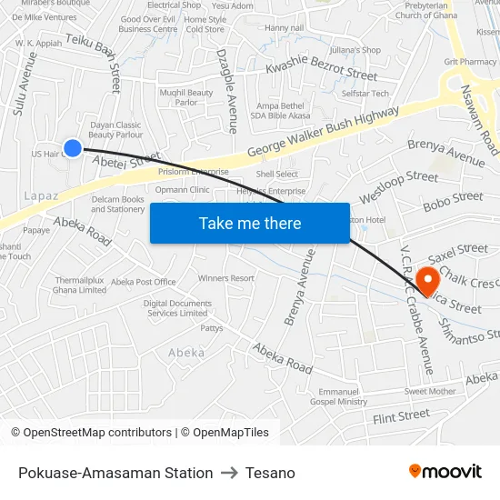Pokuase-Amasaman Station to Tesano map