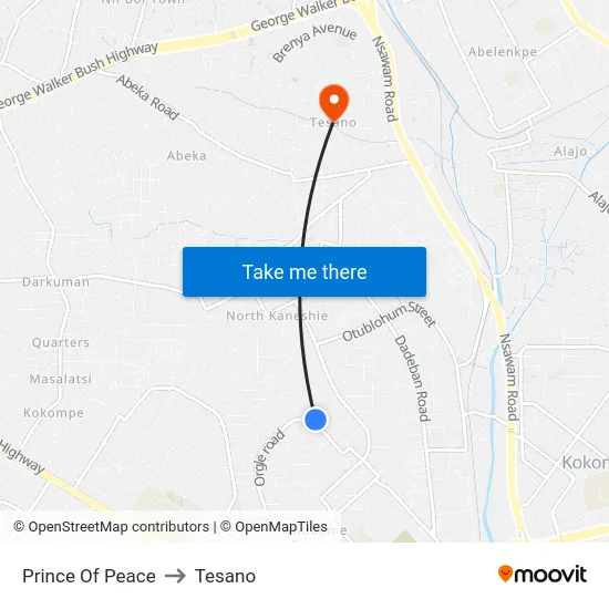 Prince Of Peace to Tesano map