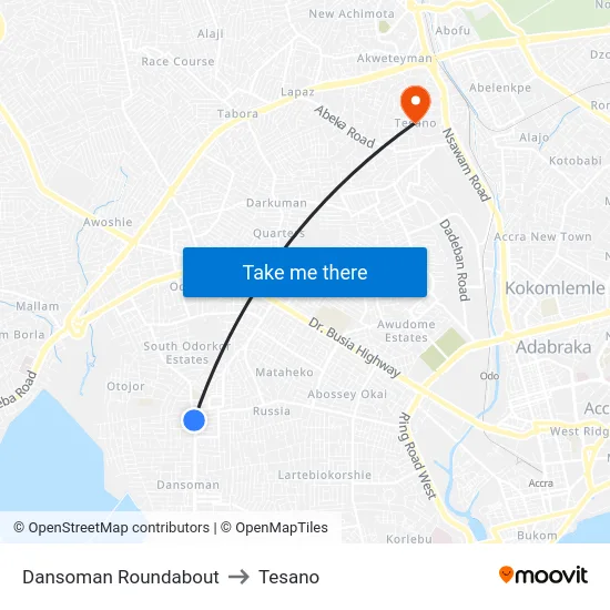 Dansoman Roundabout to Tesano map