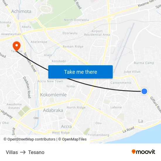 Villas to Tesano map