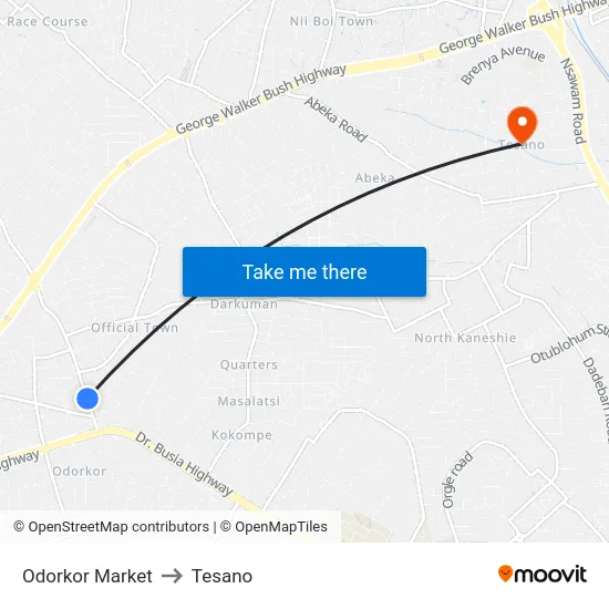 Odorkor Market to Tesano map
