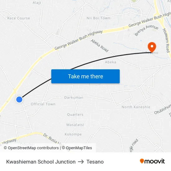 Kwashieman School Junction to Tesano map