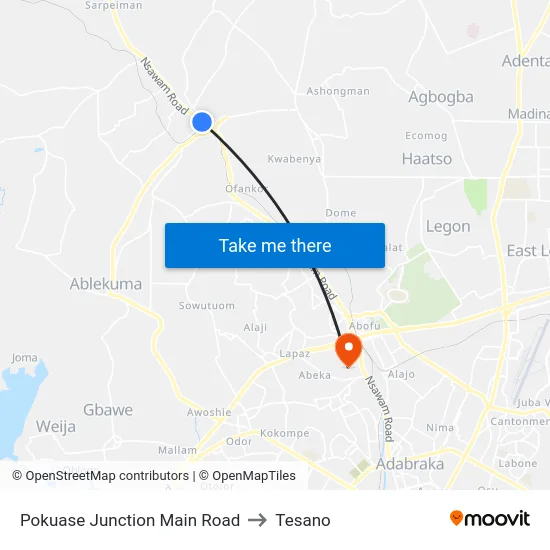 Pokuase Junction Main Road to Tesano map
