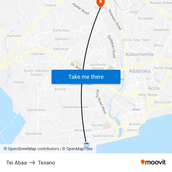 Tei Abaa to Tesano map