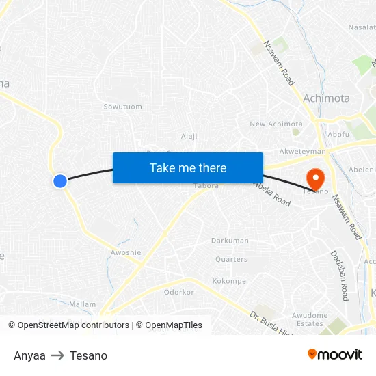 Anyaa to Tesano map
