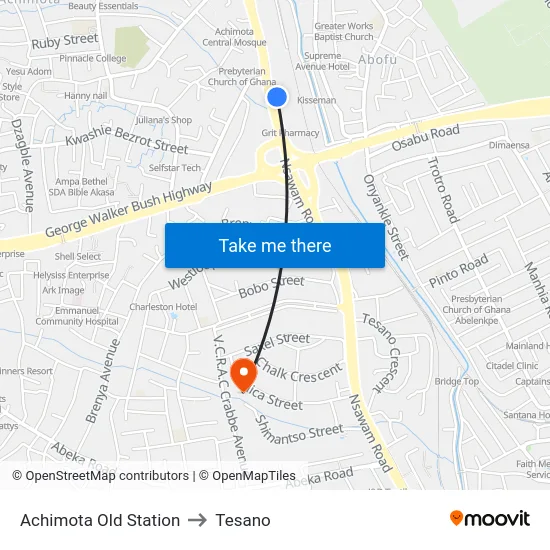 Achimota Old Station to Tesano map