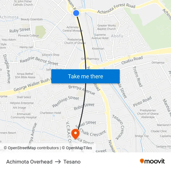 Achimota Overhead to Tesano map