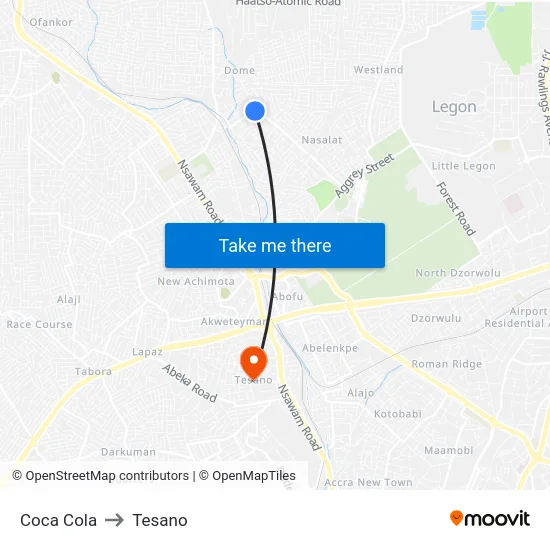 Coca Cola to Tesano map