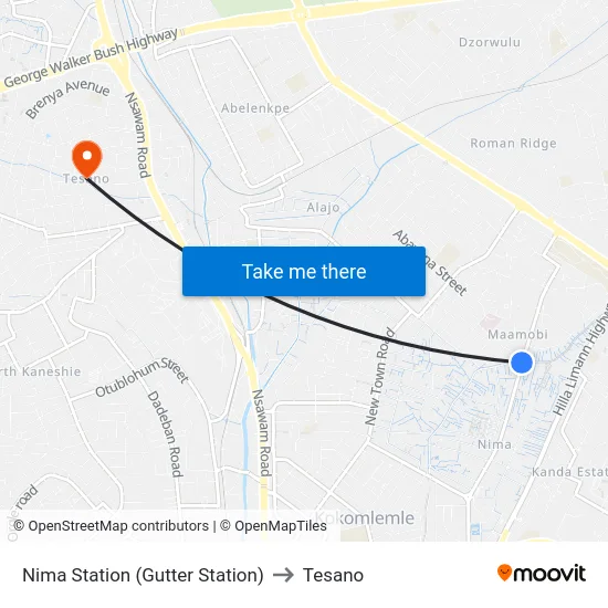 Nima Station (Gutter Station) to Tesano map