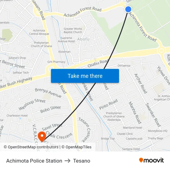 Achimota Police Station to Tesano map