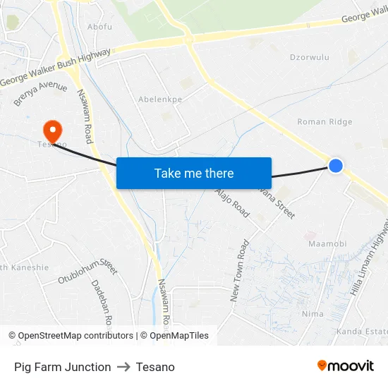 Pig Farm Junction to Tesano map
