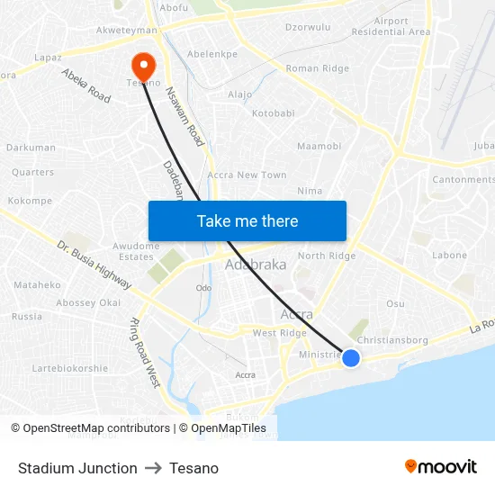 Stadium Junction to Tesano map