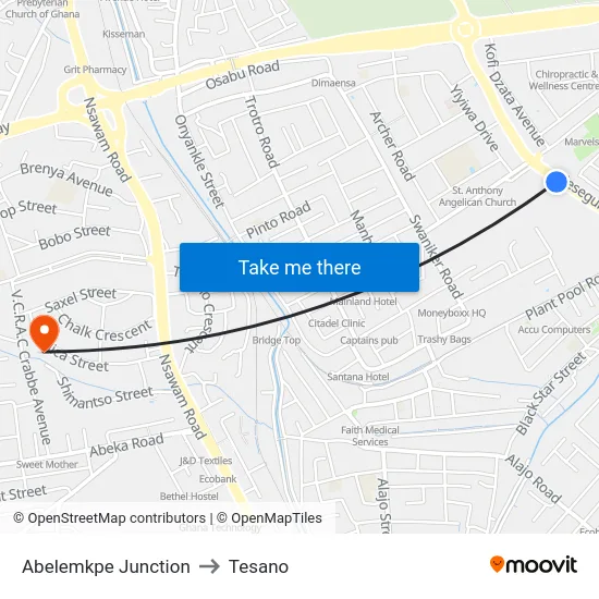 Abelemkpe Junction to Tesano map