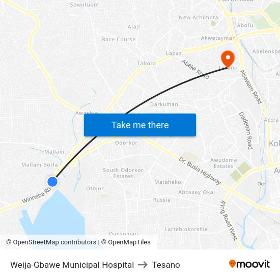 Weija-Gbawe Municipal Hospital to Tesano map