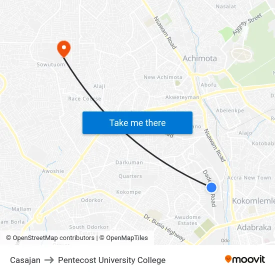 Casajan to Pentecost University College map