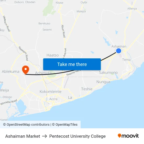 Ashaiman Market to Pentecost University College map