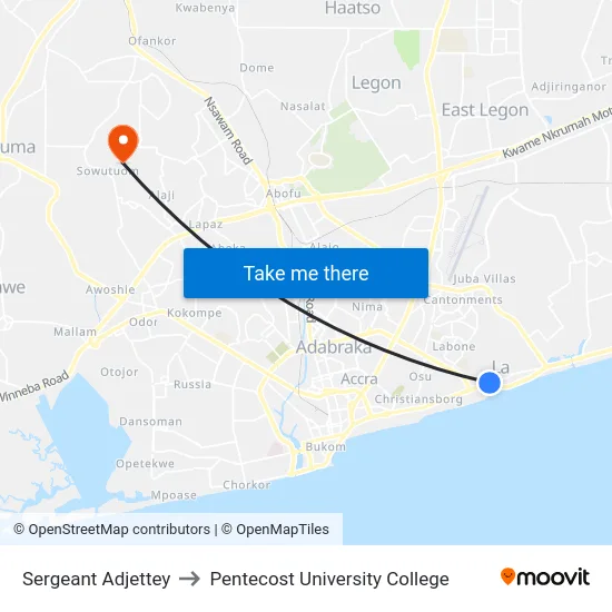 Sergeant Adjettey to Pentecost University College map