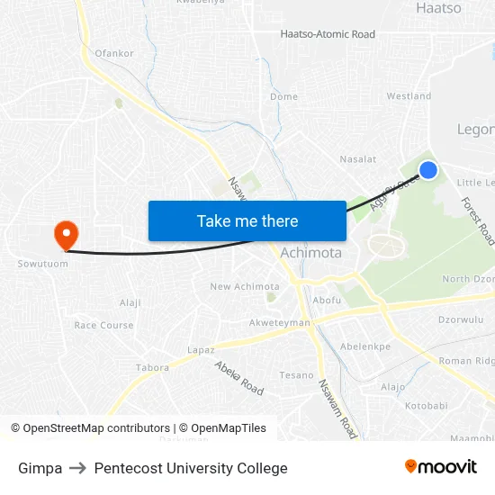 Gimpa to Pentecost University College map