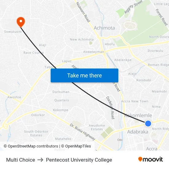 Multi Choice to Pentecost University College map