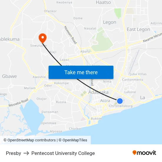 Presby to Pentecost University College map