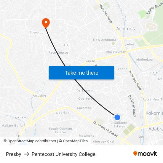 Presby to Pentecost University College map