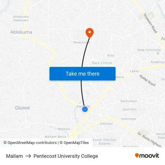 Mallam to Pentecost University College map