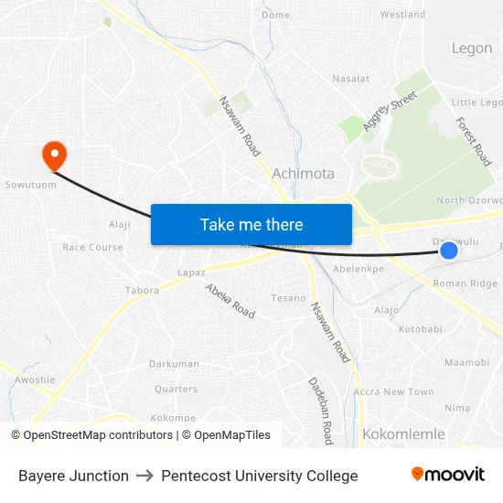 Bayere Junction to Pentecost University College map