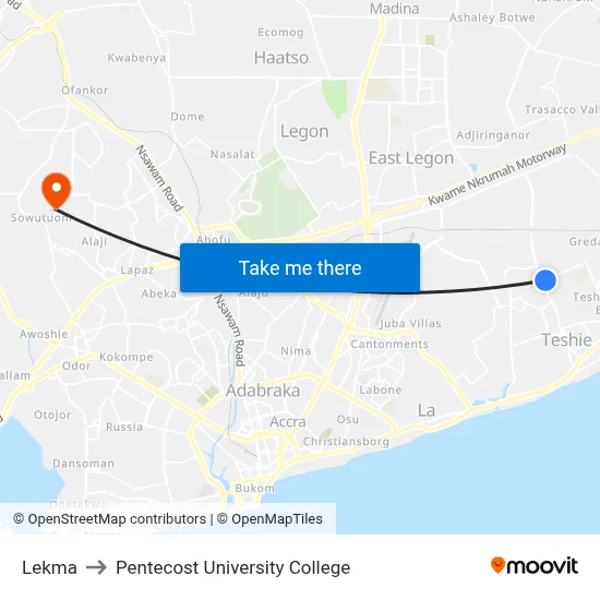 Lekma to Pentecost University College map