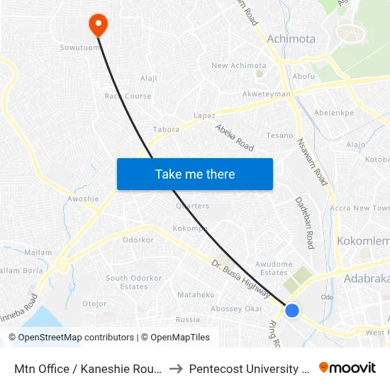 Mtn Office / Kaneshie Roundabout to Pentecost University College map