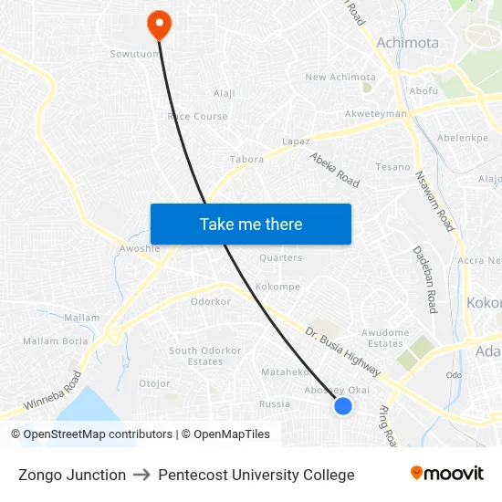 Zongo Junction to Pentecost University College map