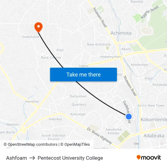 Ashfoam to Pentecost University College map