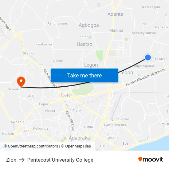 Zion to Pentecost University College map
