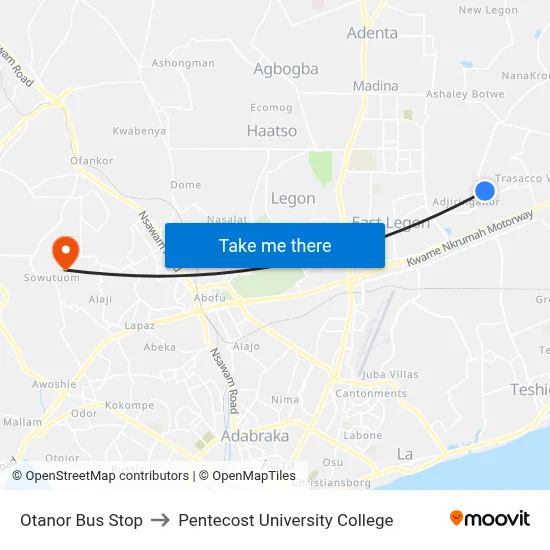 Otanor Bus Stop to Pentecost University College map