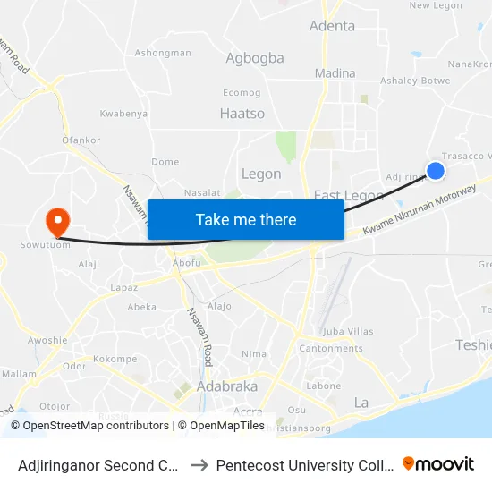 Adjiringanor Second Curve to Pentecost University College map