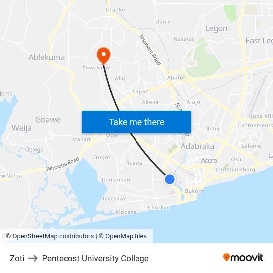 Zoti to Pentecost University College map