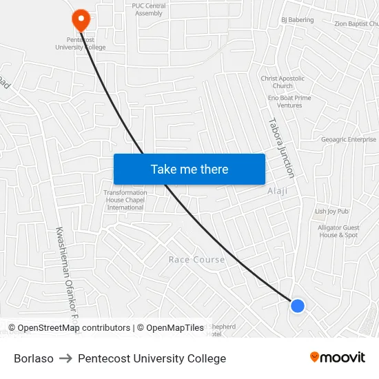 Borlaso to Pentecost University College map