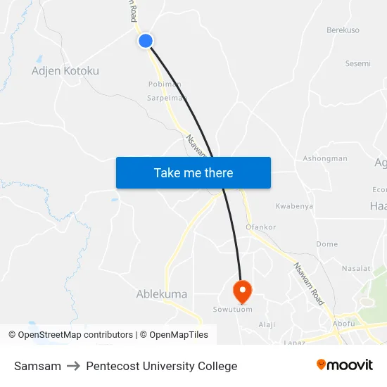 Samsam to Pentecost University College map