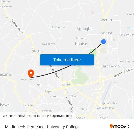 Madina to Pentecost University College map
