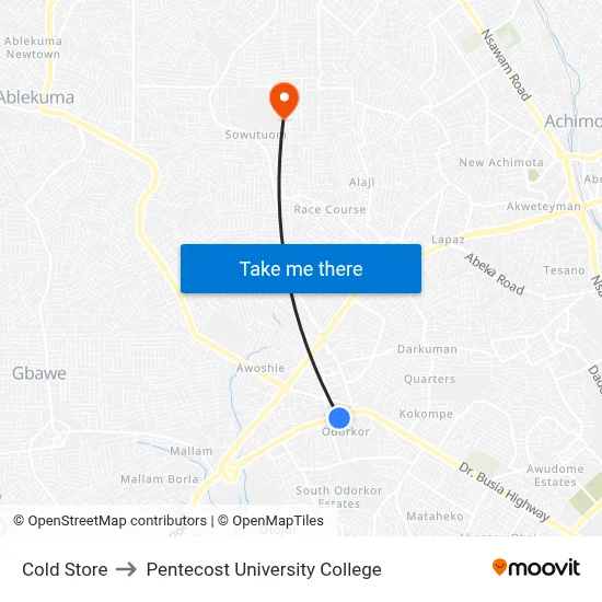 Cold Store to Pentecost University College map