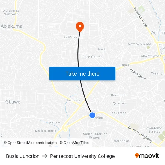 Busia Junction to Pentecost University College map