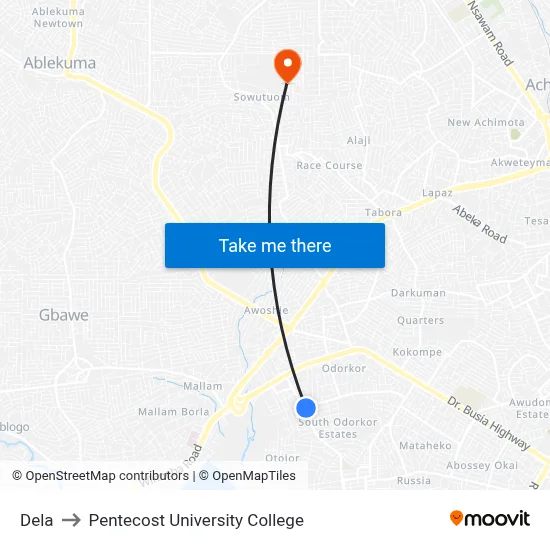 Dela to Pentecost University College map