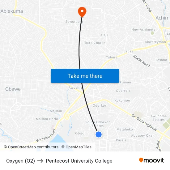 Oxygen (O2) to Pentecost University College map