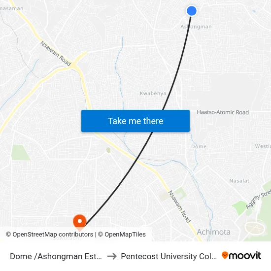 Dome /Ashongman Estates to Pentecost University College map