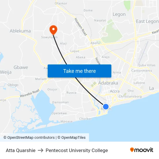 Atta Quarshie to Pentecost University College map