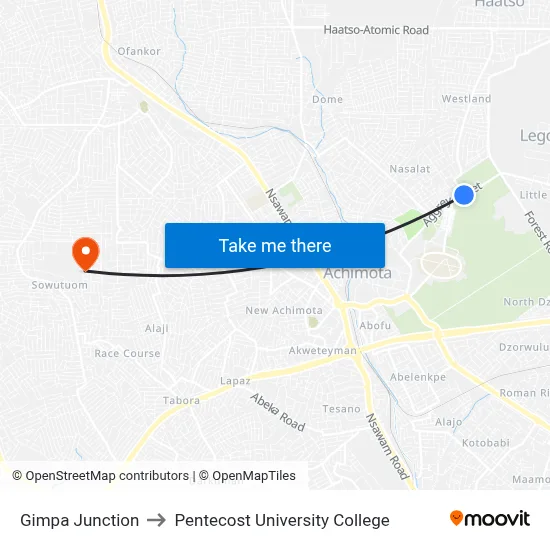 Gimpa Junction to Pentecost University College map