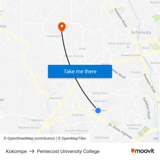 Kokompe to Pentecost University College map