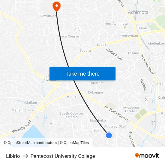 Libirio to Pentecost University College map