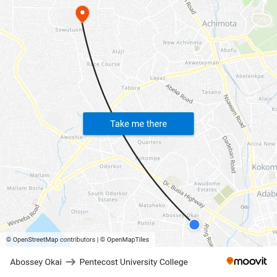 Abossey Okai to Pentecost University College map