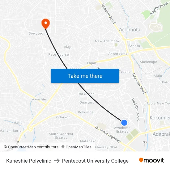 Kaneshie Polyclinic to Pentecost University College map